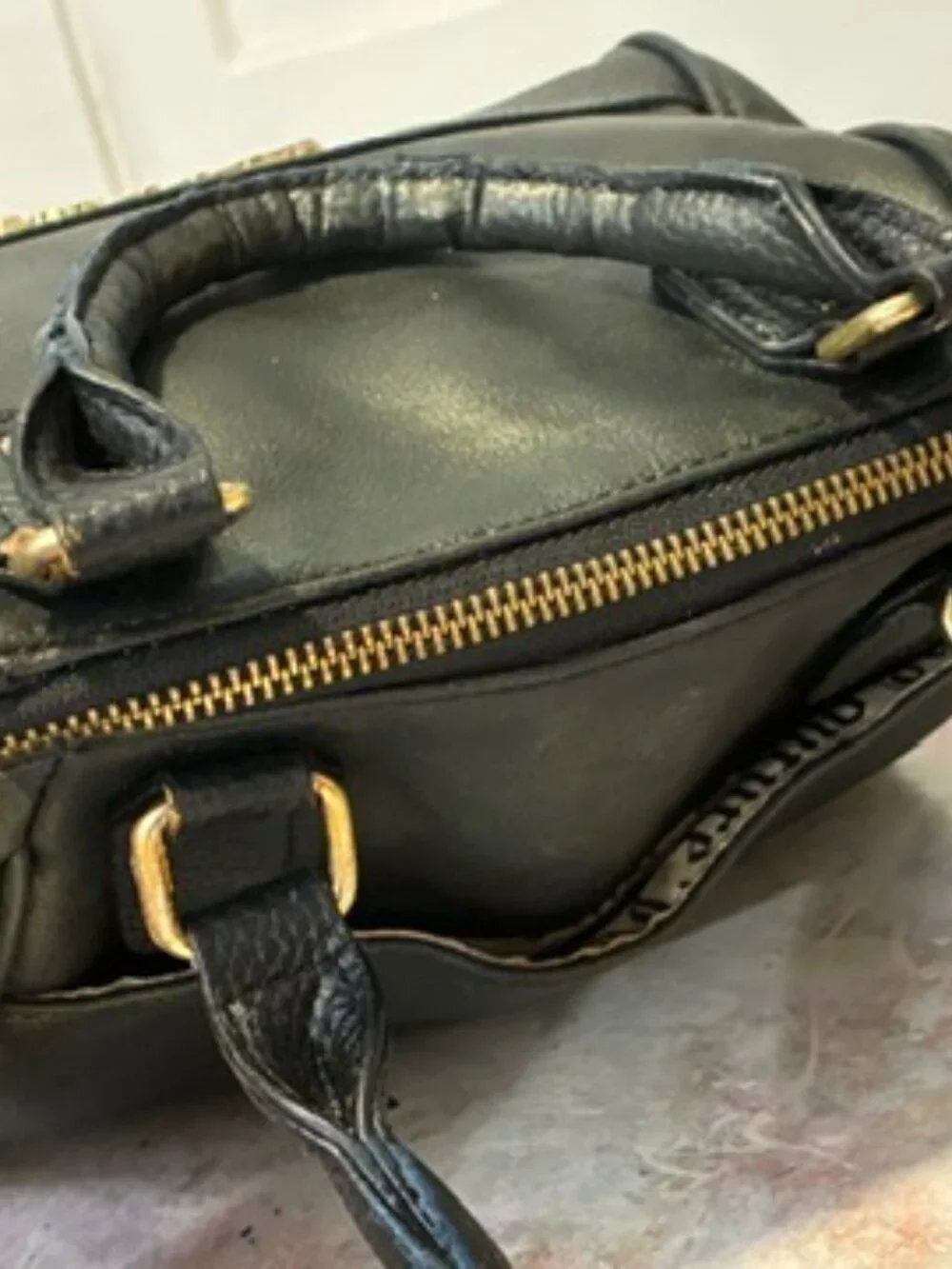 Juicy Couture Black Faux Leather Dome Satchel Bag Bowler Gold Hardware 9.5